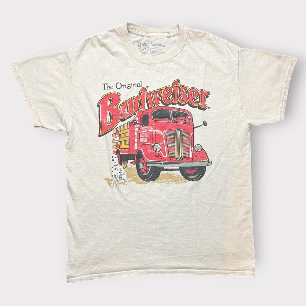 Brew City Budweiser‎ Graphic T-Shirt Mens Medium Cream Vintage Style Truck Dog